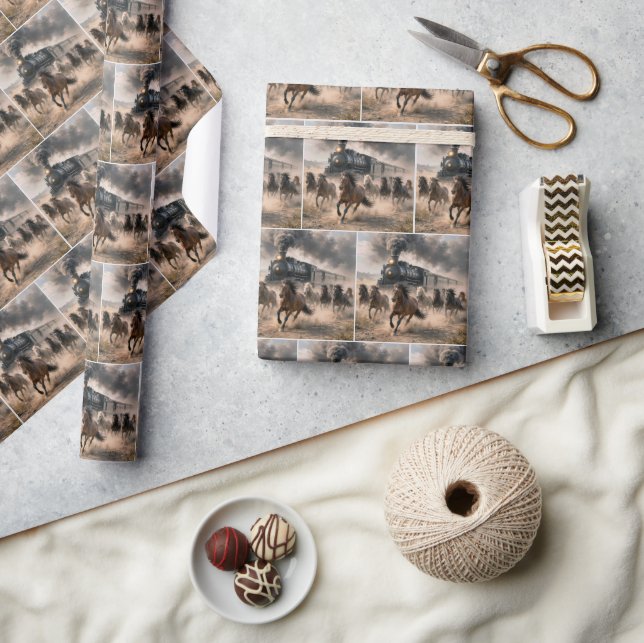 Papier Cadeau Mustangs sauvages courant le long d'un train vinta (Artisanat)