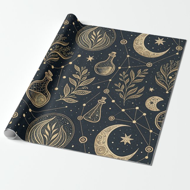 Papier Cadeau Mystical Celestial Witchcraft - Gold Botanical (Déroulé)