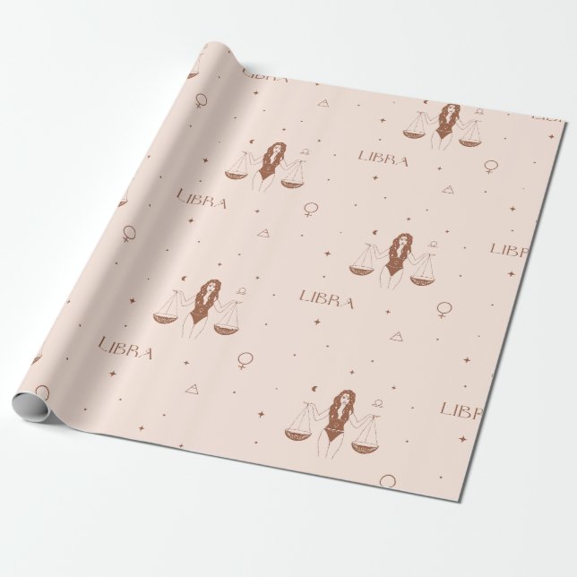 Papier Cadeau Mystical Libra Zodiac Pattern in Pink and Brown (Déroulé)
