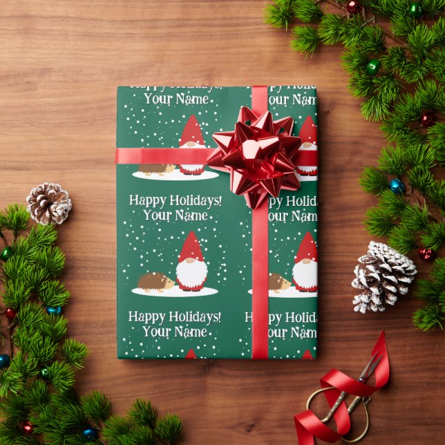 Papier Cadeau Nain de Noël avec hérisson dessin animé Noël (Cadeau de vacances)