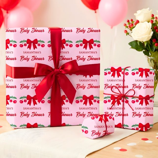 Papier Cadeau Naissance Cerise à Ruban Gingham Rou (Créateur téléchargé)