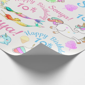 Papier Cadeau Narval, Sirène, Licorne Nom personnalisé, Âge
