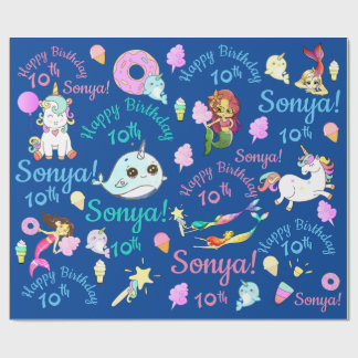 Papier Cadeau Narval, Sirène, Licorne Nom personnalisé, Âge
