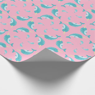Papier Cadeau Narwhal Baby shower rose fille baleine