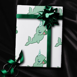 Papier Cadeau Narwhal Green   Cute Mint Chibi Cartoon Sea Party