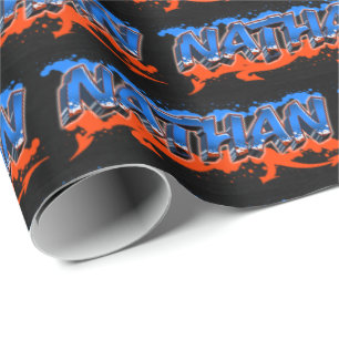 Papier Cadeau Nathan prénom Graffiti blue orange