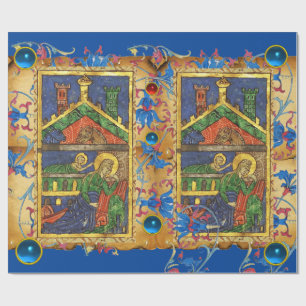 PAPIER CADEAU NATIVITÉ FLORALE BLEUE PARCHEMENT DE NOËL ET GEMS