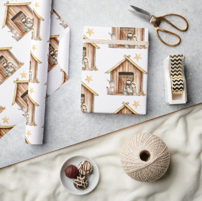 Papier Cadeau Nativité Marie Joseph Bébé Jésus Stable Noël (Artisanat)