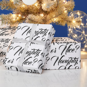 Papier Cadeau Naughty ou Nice blanc noir moderne script drôle