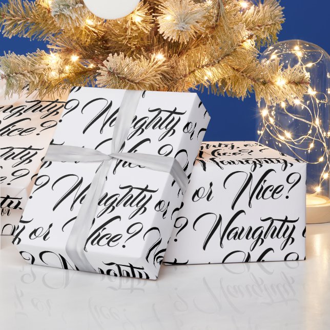 Papier Cadeau Naughty ou Nice blanc noir moderne script drôle (Vacances)