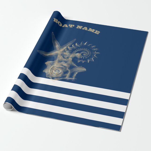 Papier Cadeau Nautique, Coquillages dorés Rayures bleu marine (Déroulé)