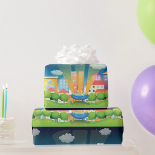 Papier Cadeau Navire Spatiale Dans La Ville Papier Enveloppant