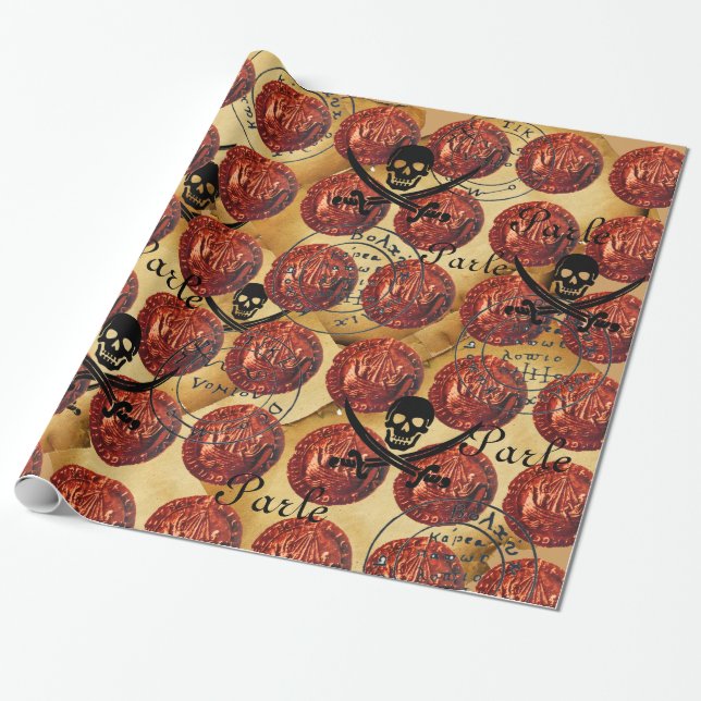 PAPIER CADEAU NAVIRES DE PIRATE, ESCALIER, ÉPINES, PIRATES CARTE (Déroulé)