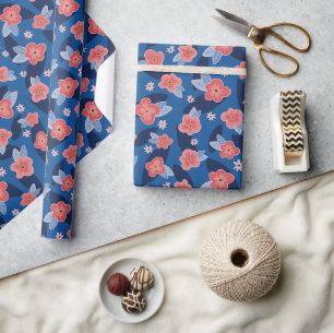 Papier Cadeau Navy bleu pêche fleurs anniversaire