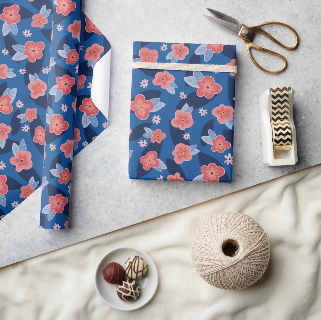 Papier Cadeau Navy bleu pêche fleurs anniversaire (Artisanat)