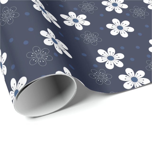Papier Cadeau Navy Blue Pretty Floral Pattern (Coin rond)