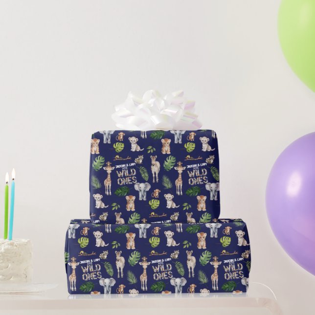 Papier Cadeau Navy Blue Twins Jungle Animals Garçon 1er annivers (Cadeaux de fête)