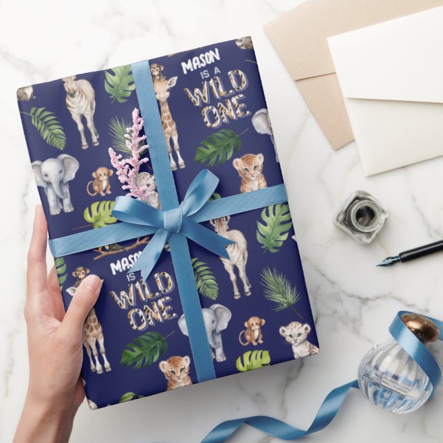 Papier Cadeau Navy Blue Wild one, animaux de la jungle 1er anniv (Cadeaux)