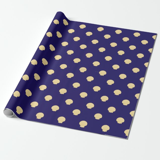 Papier Cadeau navy wrapping paper navy with golden sea scallops (Déroulé)