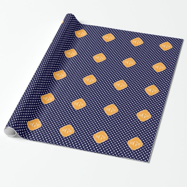 Papier Cadeau Navy Wt Polka Dot Cantaloupe Quatrefoil 3 monogram (Déroulé)
