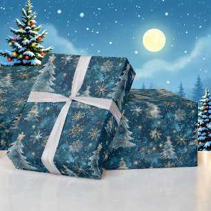 Papier Cadeau Neige à la nuit Noël Arbres Aquarelle Rouleau de