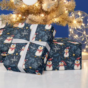 Papier Cadeau Neige et pingouins Hiver bleu