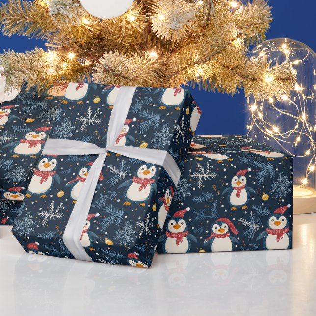 Papier Cadeau Neige et pingouins Hiver bleu (Vacances)