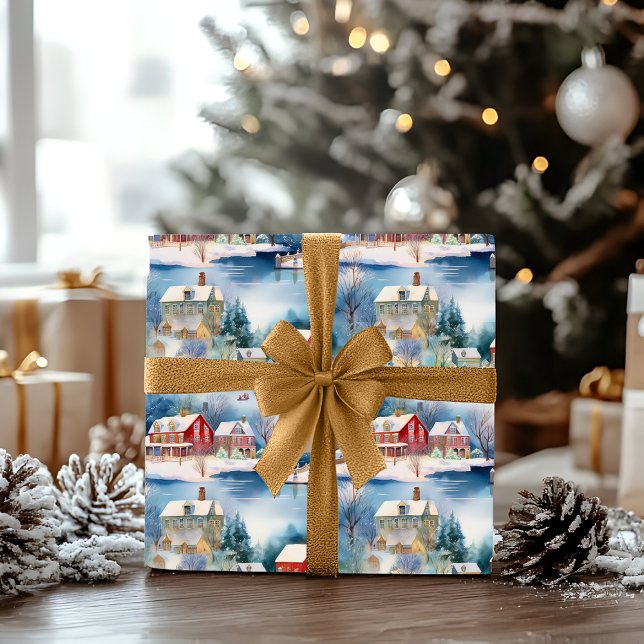 Papier Cadeau Neige hiver Nouvelle-Angleterre Village Noël (Snowy Winter Wonderland New England Village Landscape Christmas Holiday Ice Skating Wrapping Paper)