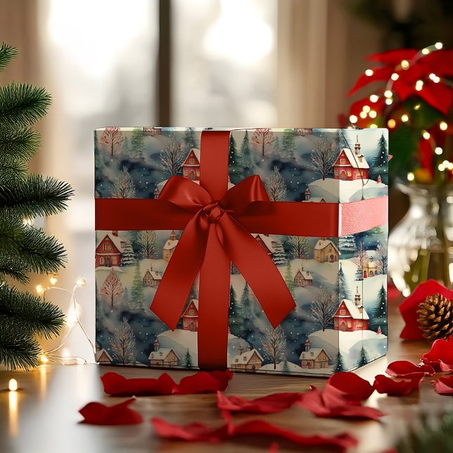 Papier Cadeau Neige hiver Village Noël (Snowy Winter Wonderland Swiss Village Landscape Christmas Holiday Multi-Colored Hygge Wrapping Paper)
