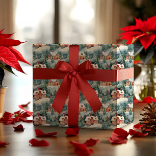 Papier Cadeau Neige hiver Village Noël