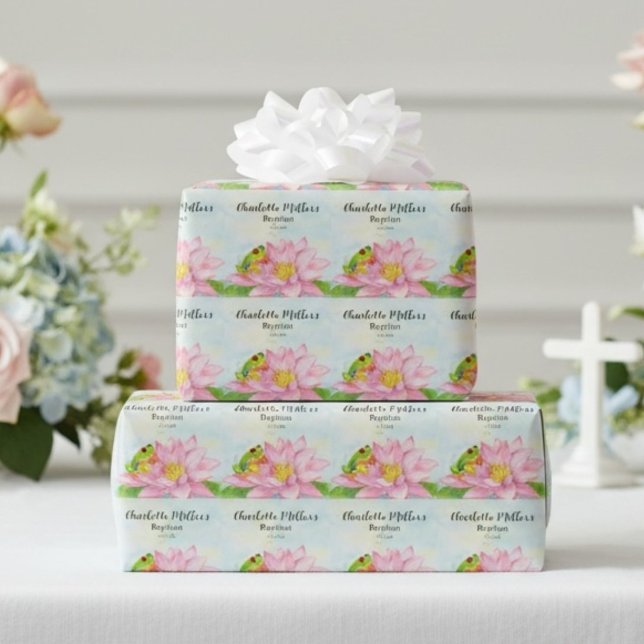 Papier Cadeau Nénuphar rose et grenouille arboricole pour baptêm (Créateur téléchargé)