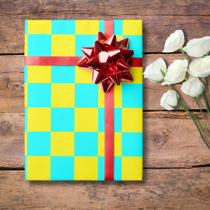 Papier Cadeau Néon Cyan Jaune À Carreaux Damier Vintage