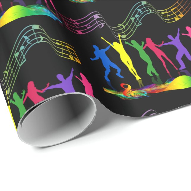 Papier Cadeau Neon Dance Party Musique Personnes en noir (Coin rond)