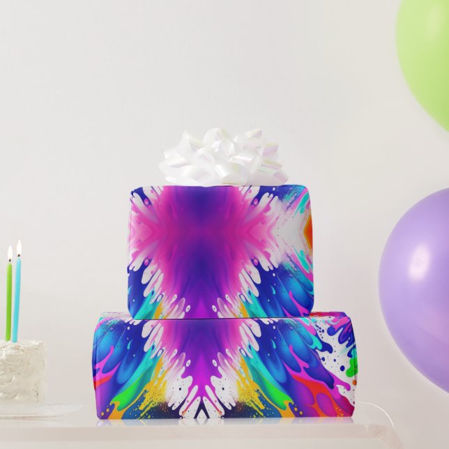 Papier Cadeau Neon, Faux Glow in the Dark, Paint Splatter (Cadeaux de fête)