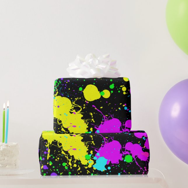 Papier Cadeau Neon, Faux Glow in the Dark, Paint Splatter (Cadeaux de fête)
