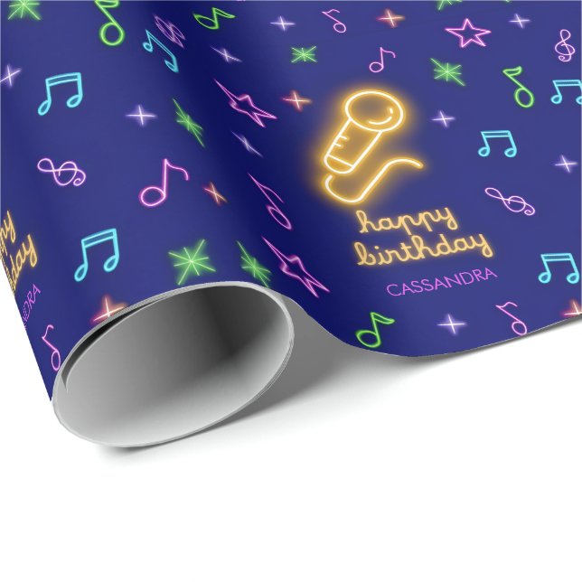Papier Cadeau Neon Glow Singing Karaoke Nom Anniversaire (Coin rond)