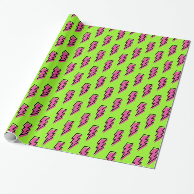 Papier Cadeau Neon Green & Pink Lightning Motif des années 80/90 (Déroulé)