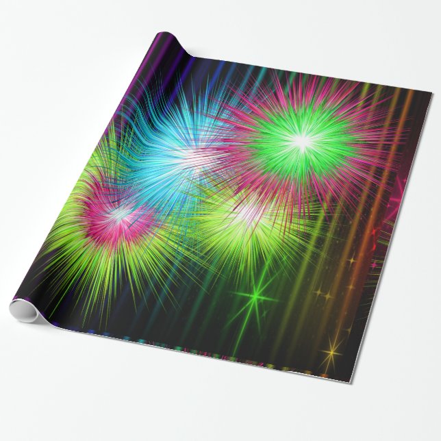 Papier Cadeau Neon Multi Color Starburst Paint Splatters Large (Déroulé)