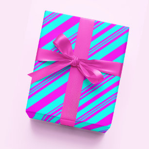 Papier Cadeau Neon rose et Bleu rayures moderne chic élégant