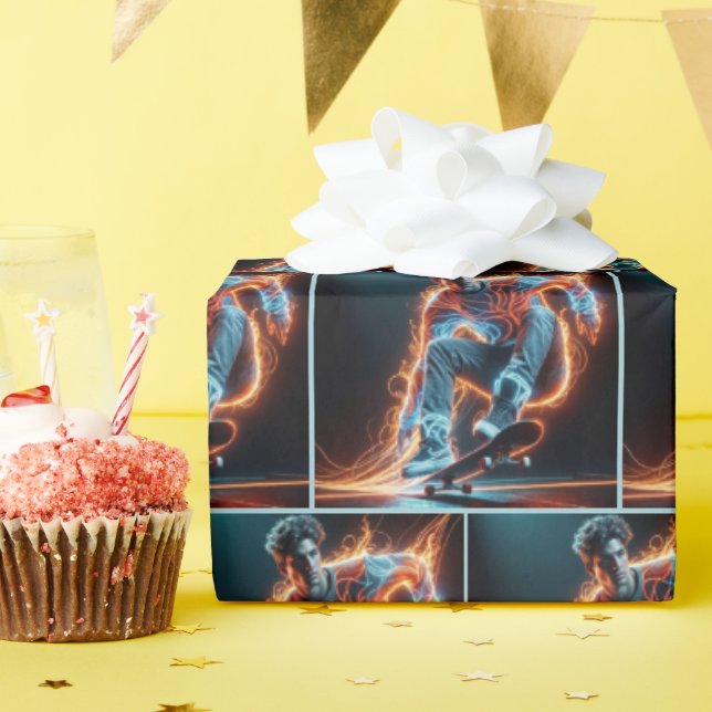 Papier Cadeau Neon Skateboarder Avec Des Pistes Fluisantes (Fête d'anniversaire)