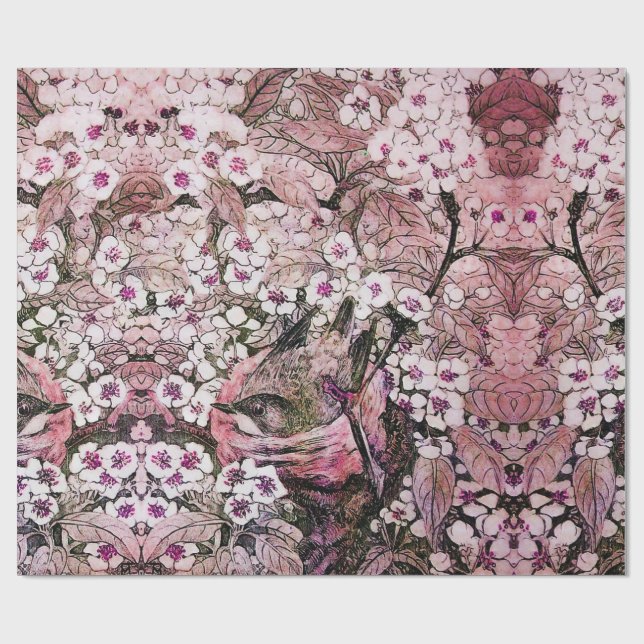 PAPIER CADEAU NEST D'OISEAU, ARBRE AVEC FLEURS DE PRINTEMPS ROSE (Plat)