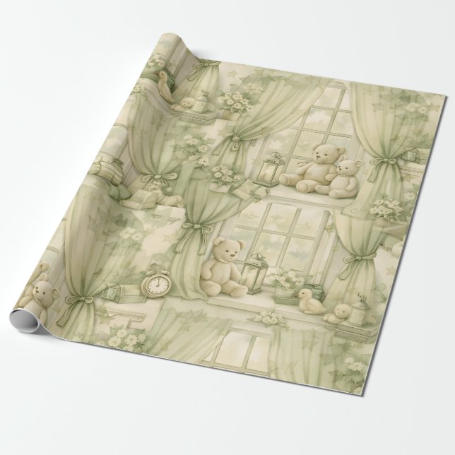 Papier Cadeau Neutral Nursery Teddy Bear Room Beige Pattern (2) (Déroulé)