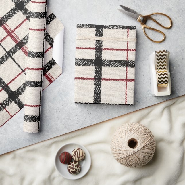 Papier Cadeau Neutral tartan white black and red (Artisanat)