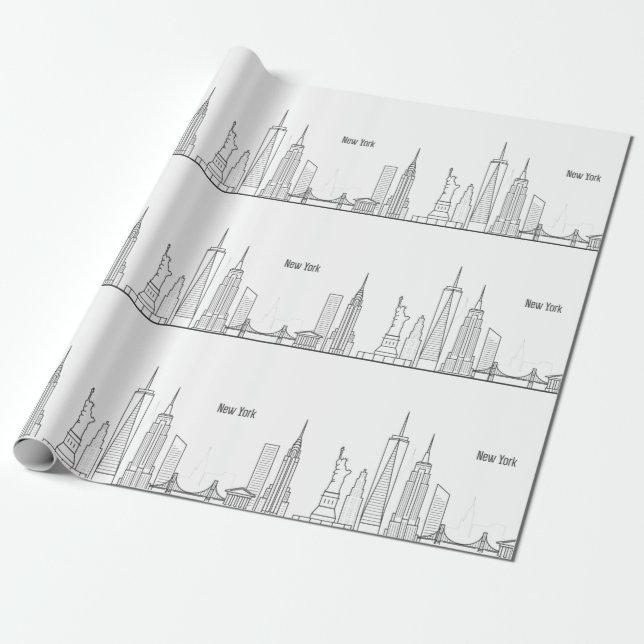 Papier Cadeau New York Skyline Black Big Apple Modern City (Déroulé)