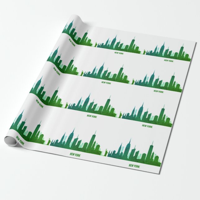 Papier Cadeau New York Skyline Green Big Apple Modern City (Déroulé)