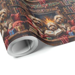 Papier Cadeau Niche de bibliothèque de Noël Lhasa Apso Fêtes