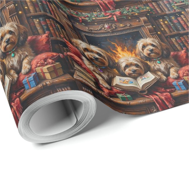 Papier Cadeau Niche de bibliothèque de Noël Lhasa Apso Fêtes (Coin rond)
