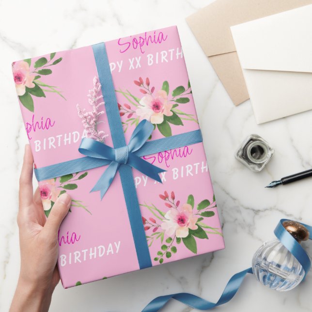 Papier Cadeau N'importe quel anniversaire, nom, fleur aquarelle  (Cadeaux)