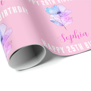 Papier Cadeau N'importe quel anniversaire, nom, fleurs aquarelle