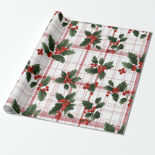 Papier Cadeau Noël à carreaux à baie de houx à l'aquarelle